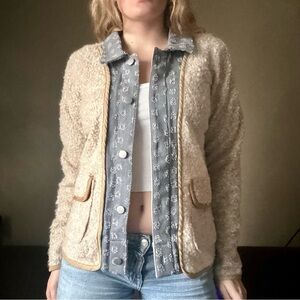 Mystree Cream Knit Jacket with Denim Floral Trim Size S Boutique
